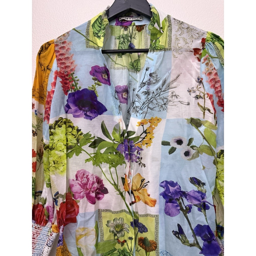 Alice + Olivia Ilan Smocked-Sleeve Button-Front Blouse Top Silk Blend Small - Picture 4 of 9